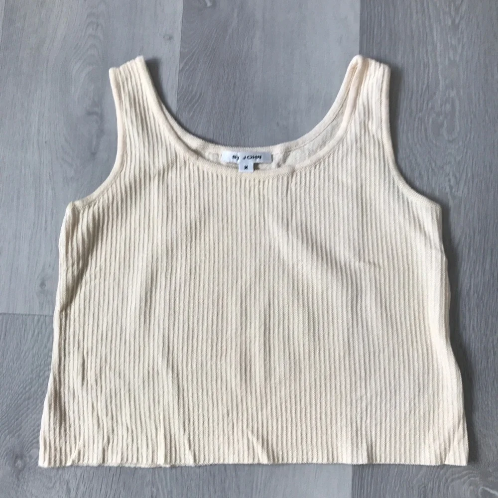ST JOHN IVORY WOOL TANK TOP RIB KNIT SCOOP BECK PULLOVER WOMENS MEDIUM